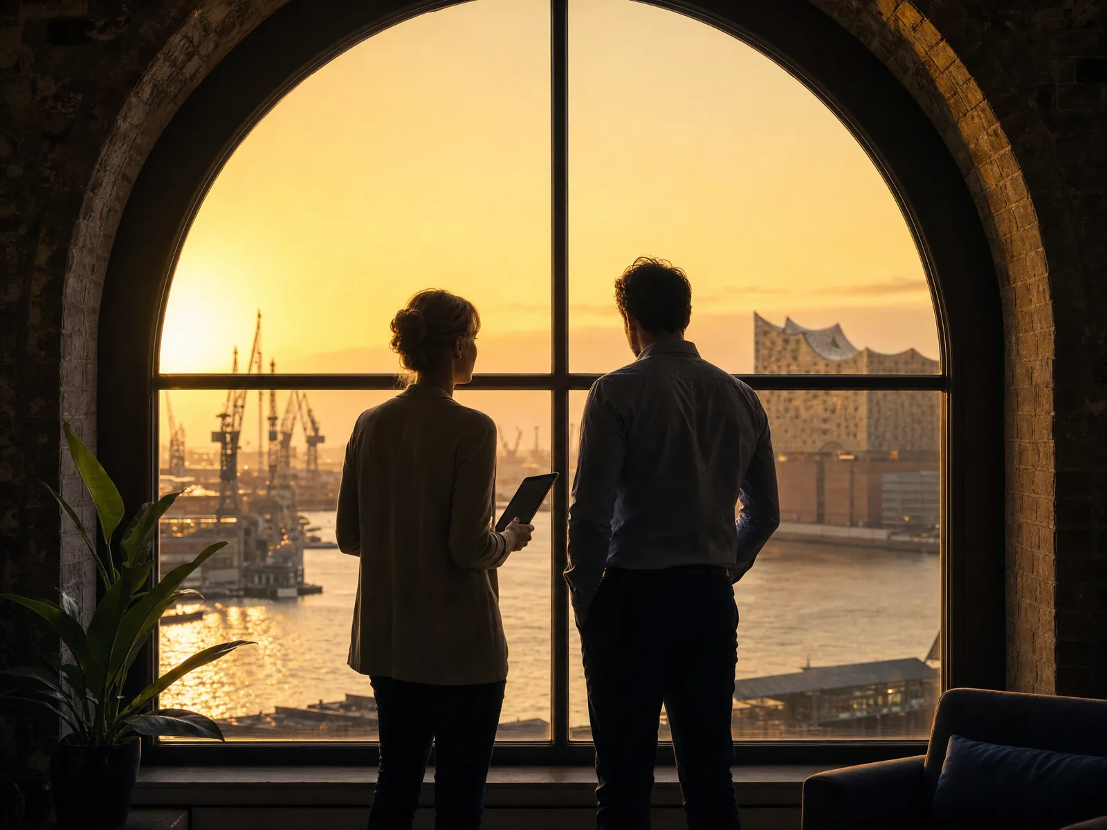 Zwei Personen als Silhouetten am Fenster eines Hamburger Kontorhauses mit Blick auf den Hafen im Morgenlicht.