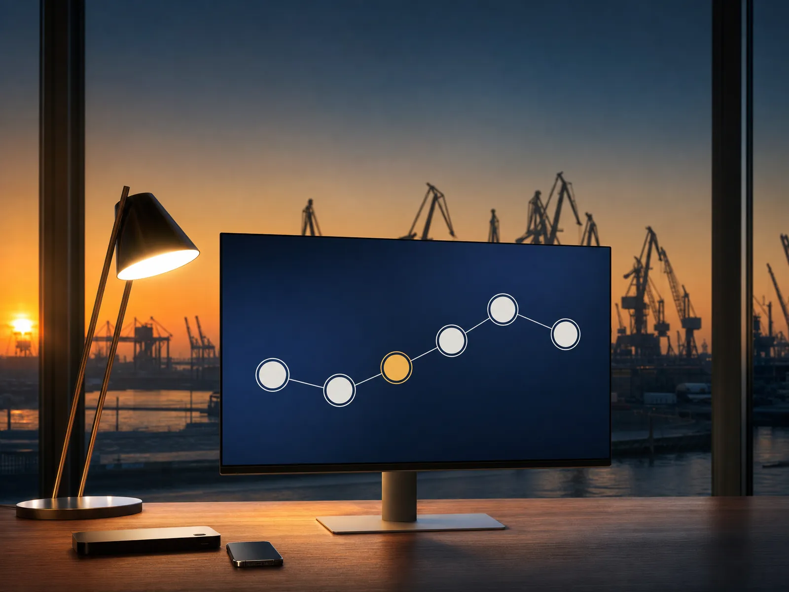 Display mit abstraktem Workflow-Diagramm vor einem Fenster mit Hamburger Hafenkränen im Morgenlicht.