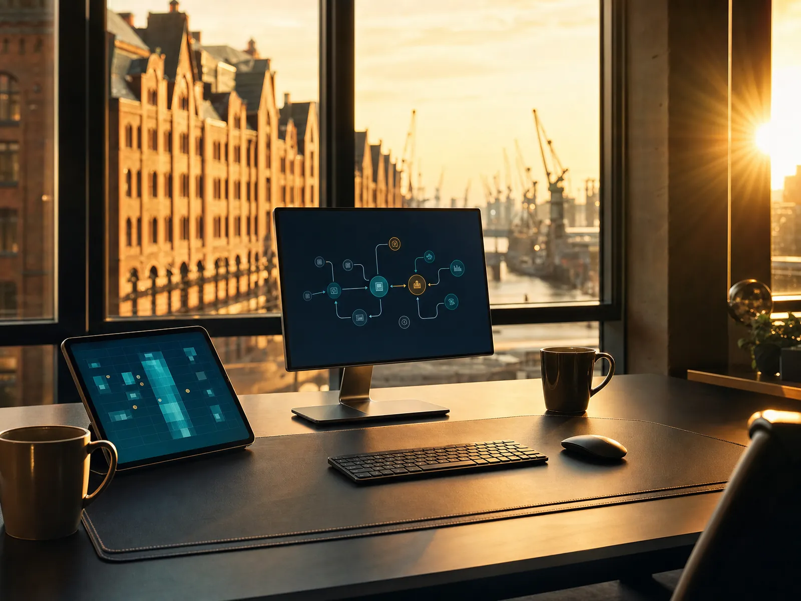 Arbeitsplatz mit Tablet, Smartphone und zweitem Display in warmem Morgenlicht mit Blick auf Hamburg.