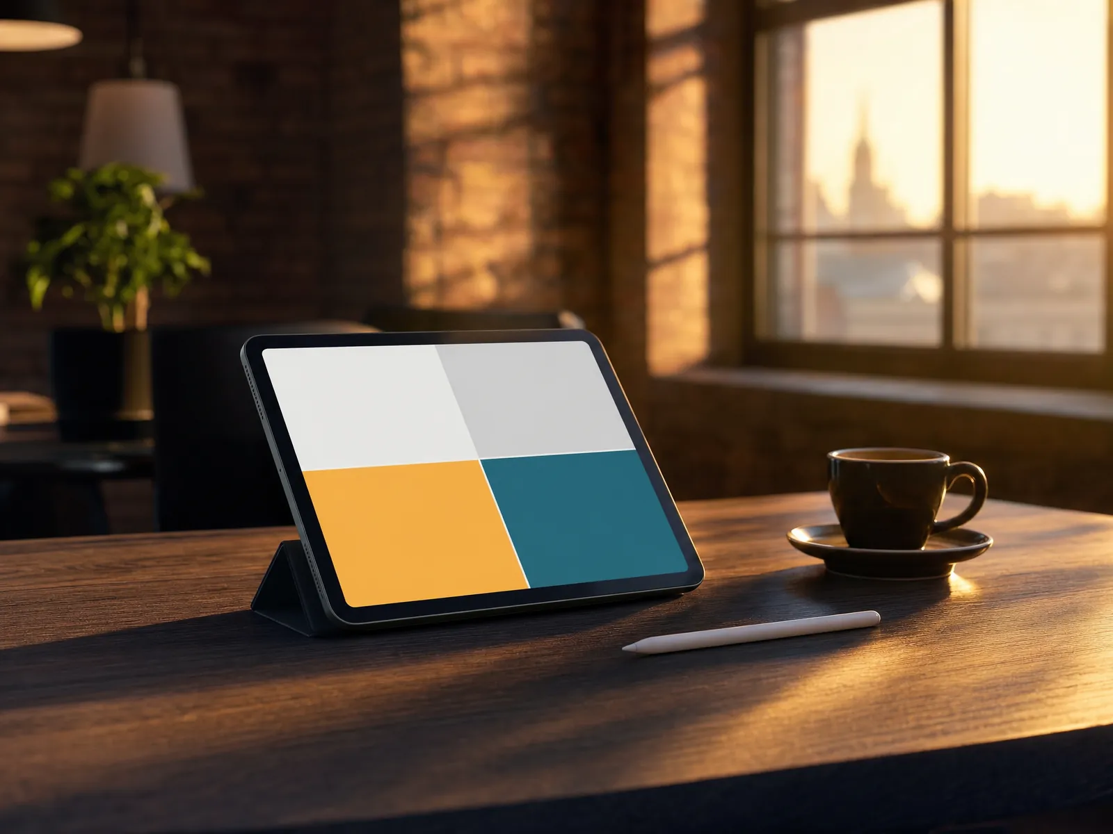 Tablet mit abstrakter Potenzial-Matrix und Stylus auf einem Holztisch im warmen Morgenlicht.